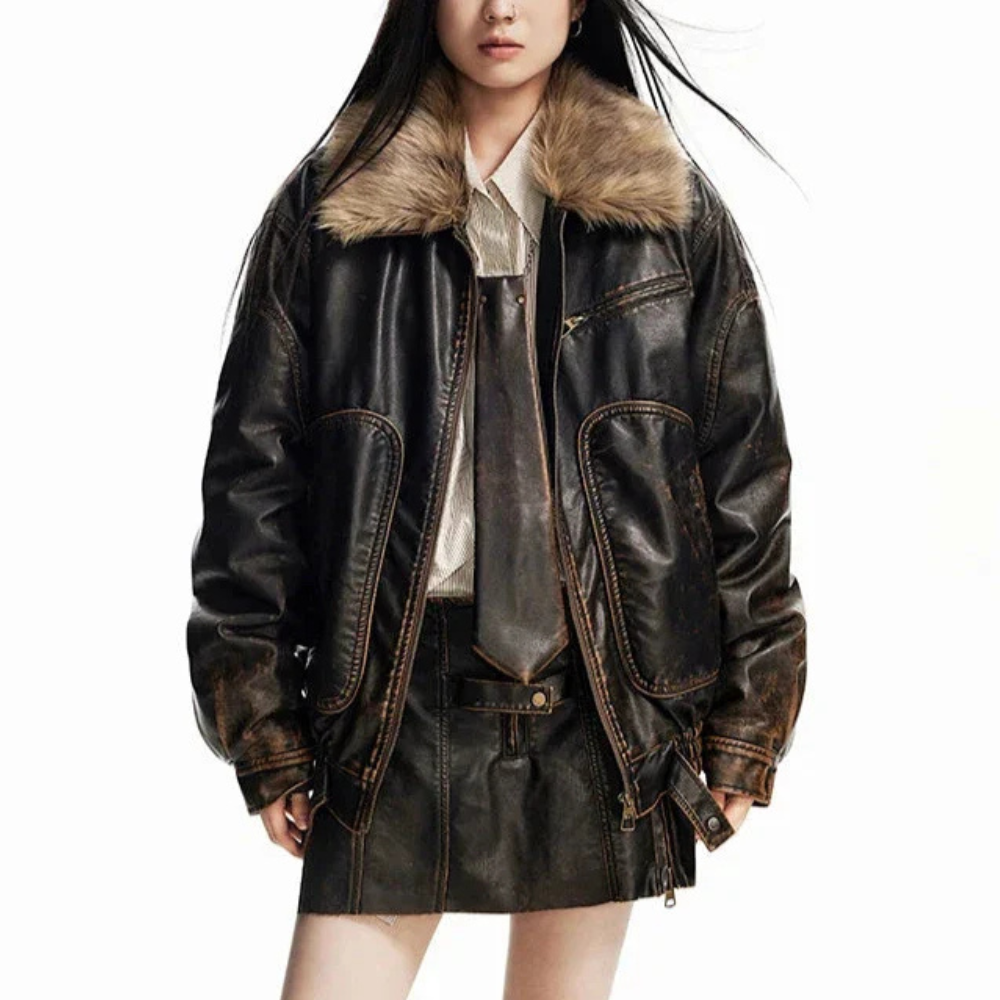 Olga – Giacca in Ecopelle Stile Vintage con Colletto in Eco-Pelliccia