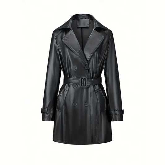Valencia Noir – Trench Donna in Pelle Nera con Cintura