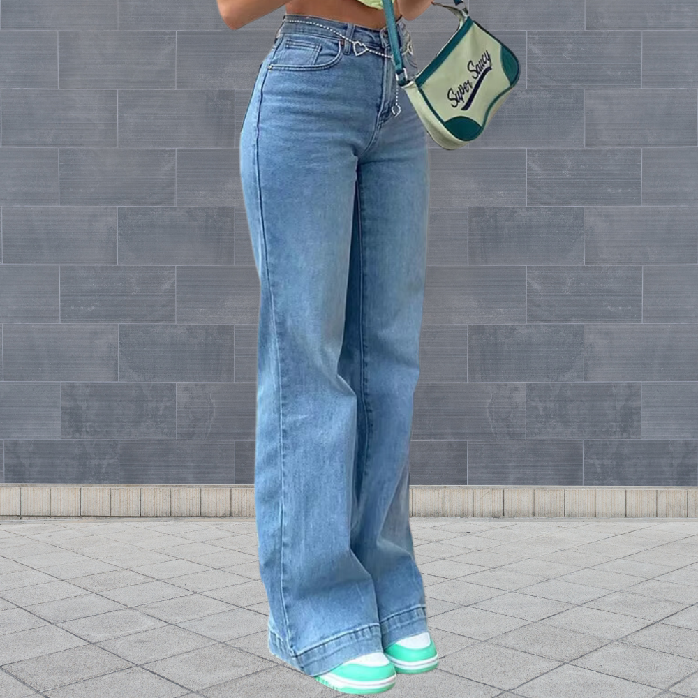 Bianca – Jeans Donna a Vita Alta con Gamba Larga in Denim Azzurro