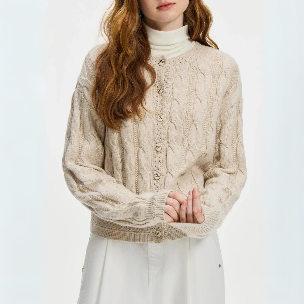 Primrose – Cardigan Donna in Maglia Treccia con Bottoni Dorati